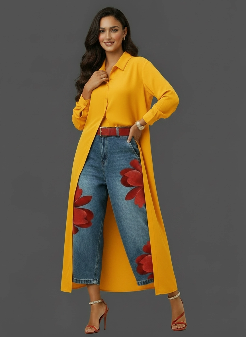 Conjunto de Camisa Larga y Pantalón Floral