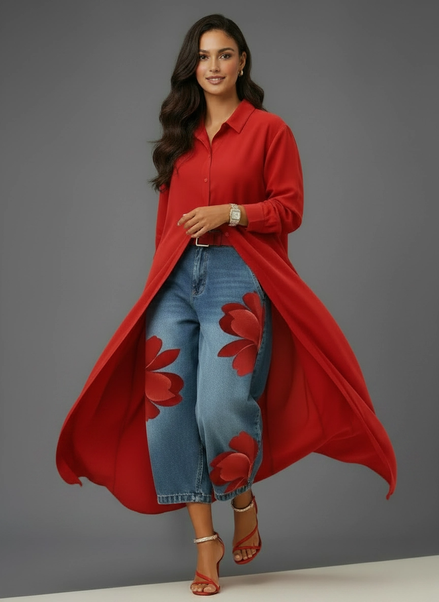 Conjunto de Camisa Larga y Pantalón Floral