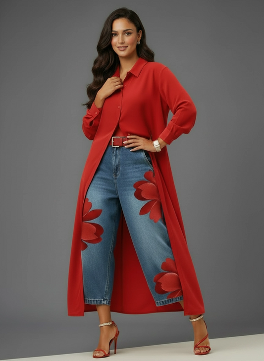 Conjunto de Camisa Larga y Pantalón Floral