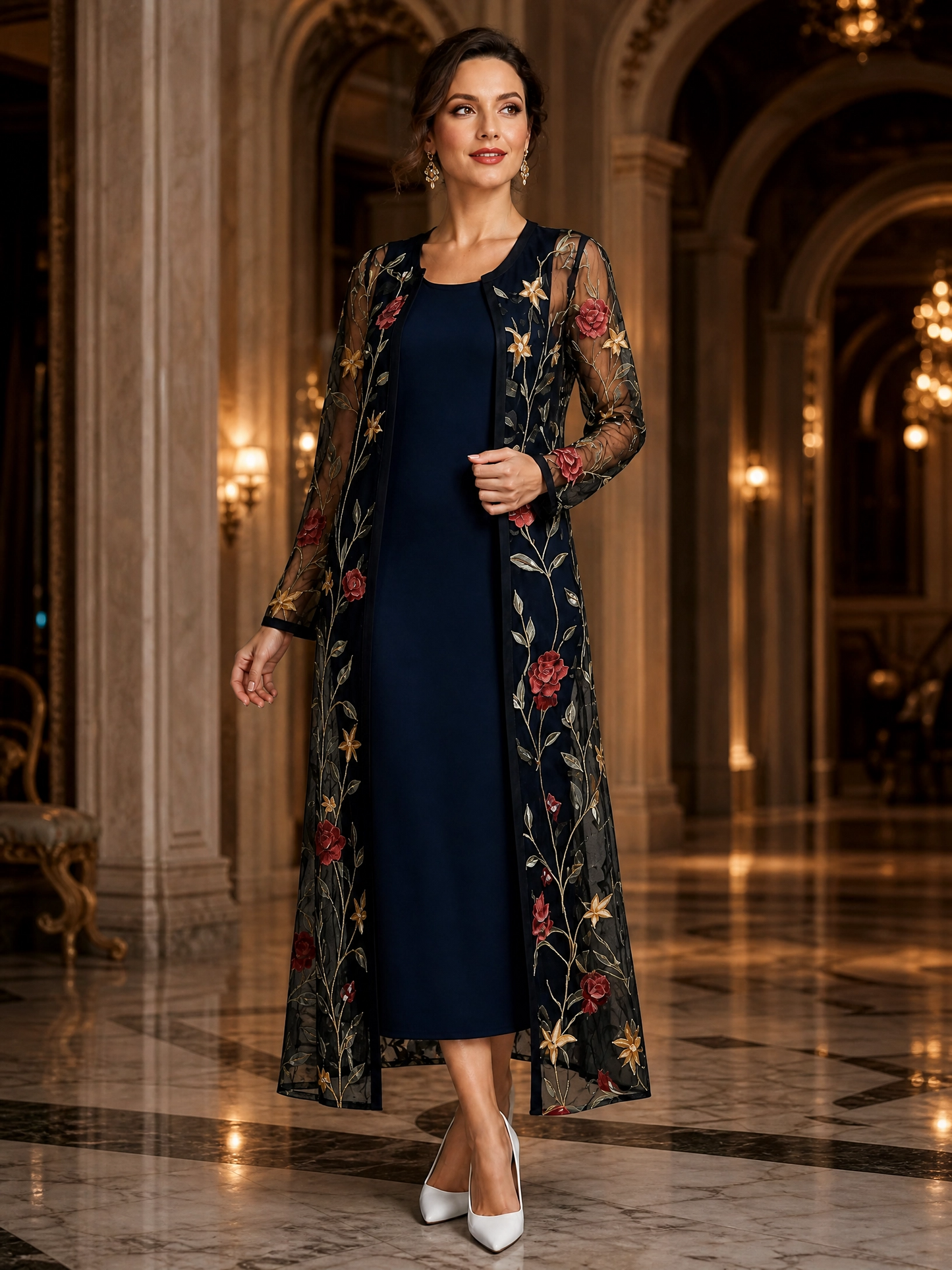 Conjunto de vestido y cárdigan ligero con bordado floral