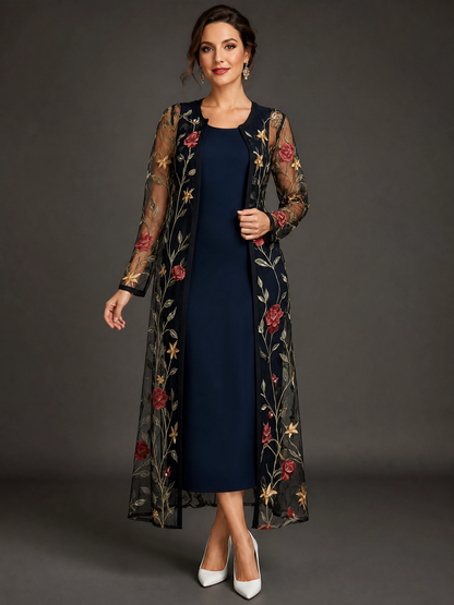 Conjunto de vestido y cárdigan ligero con bordado floral