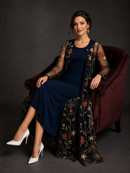 Conjunto de vestido y cárdigan ligero con bordado floral